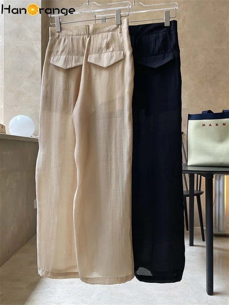 HanOrange 2025 Summer Slightly Transparent Glossy Casual Pants Women High Waist Wide Leg Loose Thin Sunscreen Mopping Trousers