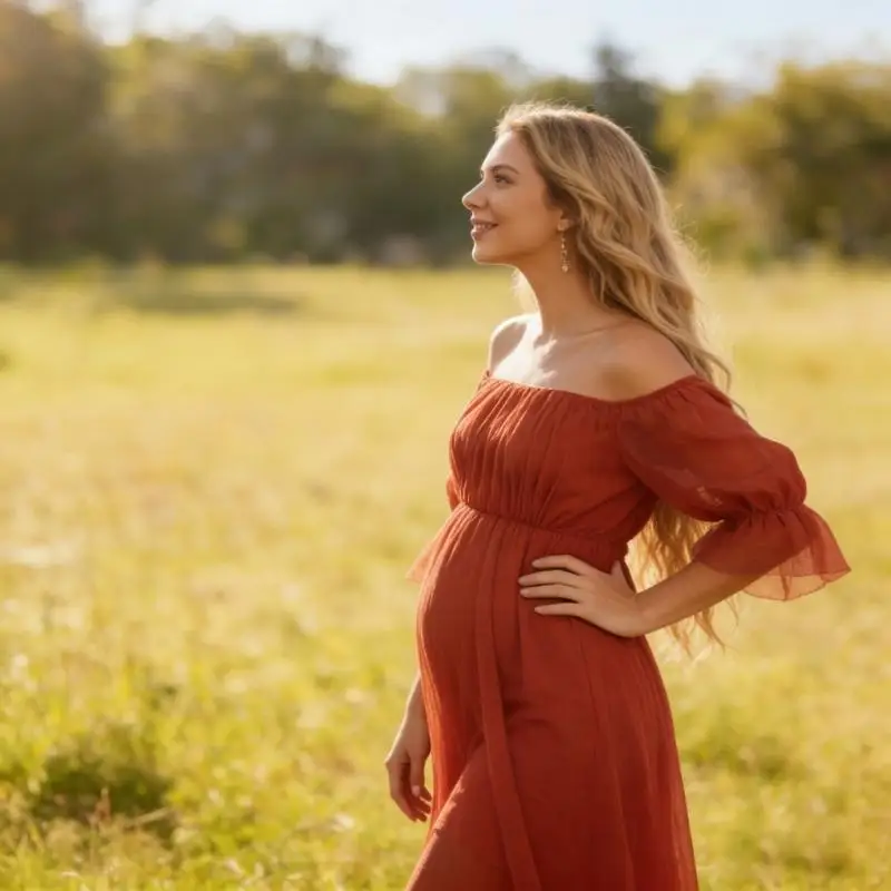 فستان طويل للحوامل بدون أكتاف من نسيج البوليستر الشفاف المسامي لراحة الصيف وسهولة العناية به A2UB