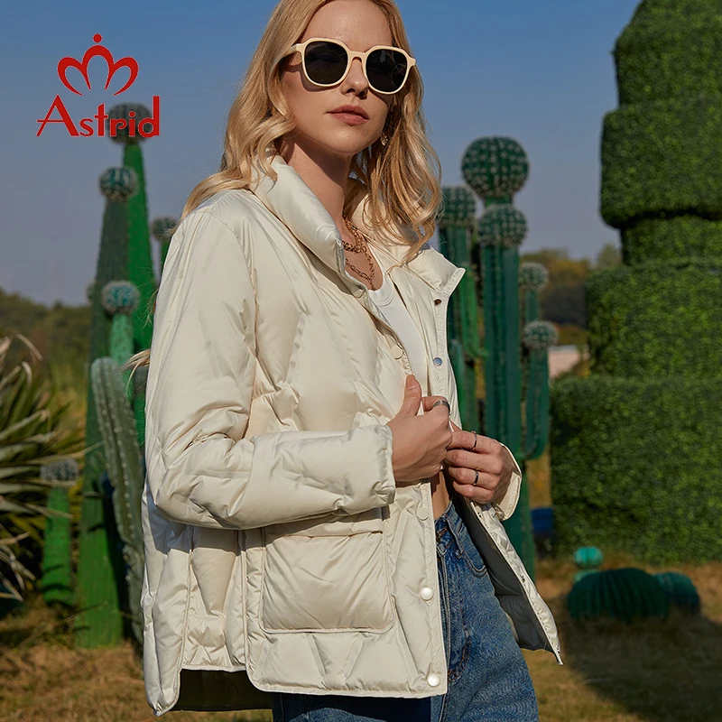 Astrid 2022 Spring Women Jacket Rhombus Pattern Padded Coats Standing Collar Buttons Loose Thin Parkas Short Outerwear ZM-7304