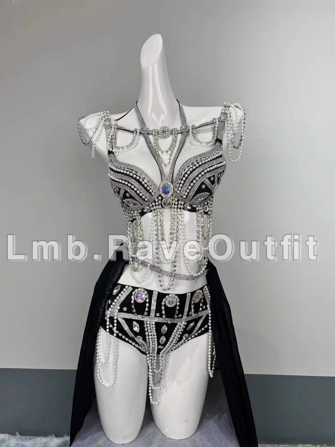 Classic Luxury Full Diamond Pearl Black Long Trailing Skirt+Tassel Bikini Sexy Nightclub Bar Singer Dance Set Stage Rave Outfits