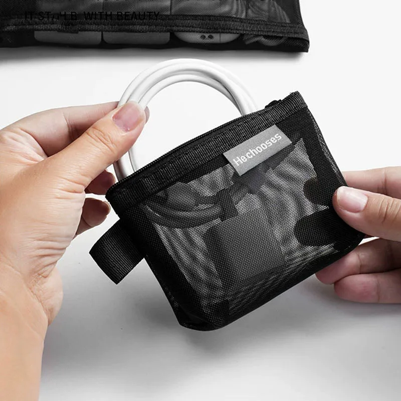 Unisex Change Storage Makeup Case Mesh Zipper Cosmetic Bag Small Item Clear Mesh Brush Card Data Cable Lipstick Storage Bag