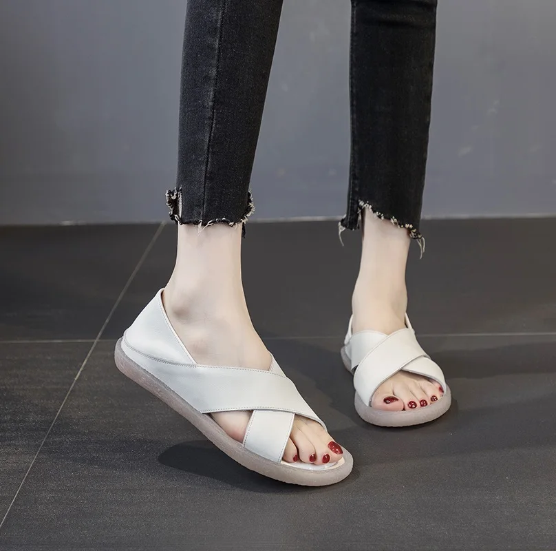 DRKANOL 2026 Fashion Women Sandals Summer Open Toe Shoes Cross Genuine Cow Leather Slip On Flat Casual Sandals Ladies Sandalias