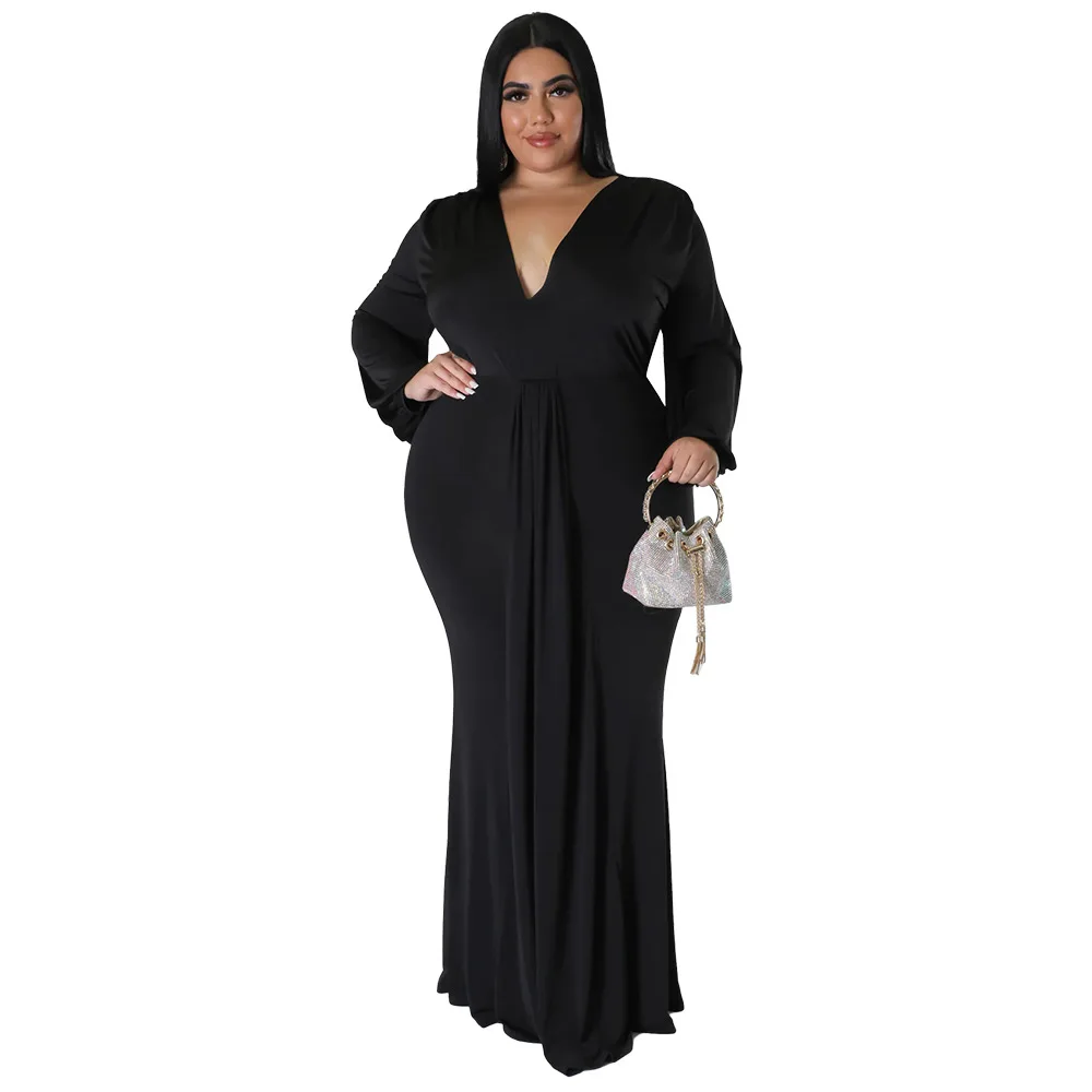 L-4XL Solide Langarm V-ausschnitt Unregelmäßigen Eleganten Plus Größe Kleider für Frauen 2022 Sexy Prom Kleidung Herbst Outfits Dropshipping