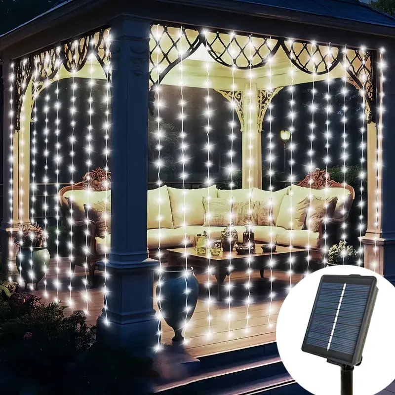 

LED Solar Light Outdoor Curtain Fairy String Lights 8 Lighting Modes Garden Wall Haning Lamp Christmas Wedding Party Decoration