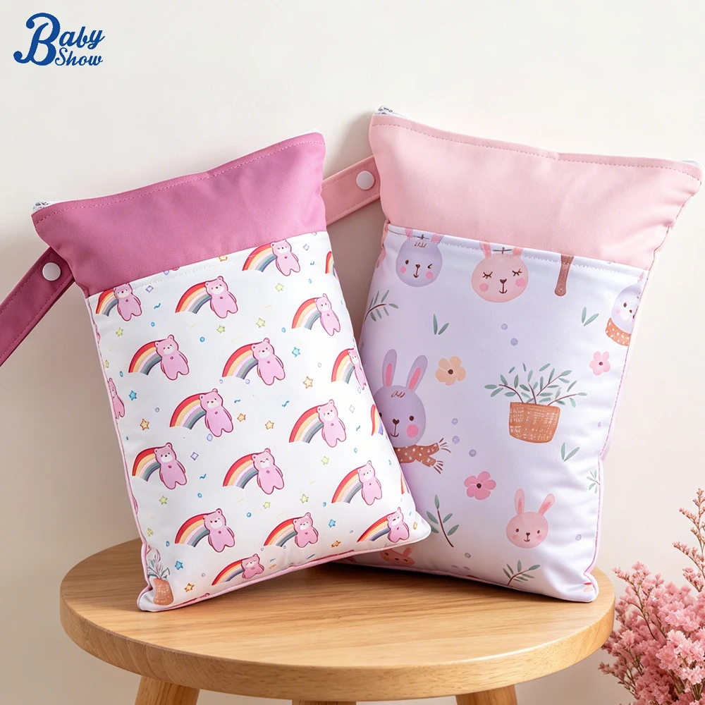 2pcs Portable Baby Diaper Bag Rabbit Bear Waterproof Wet Dry Nappy Bag Stroller Carry Pack Travel Wetbag With 2 Pockets