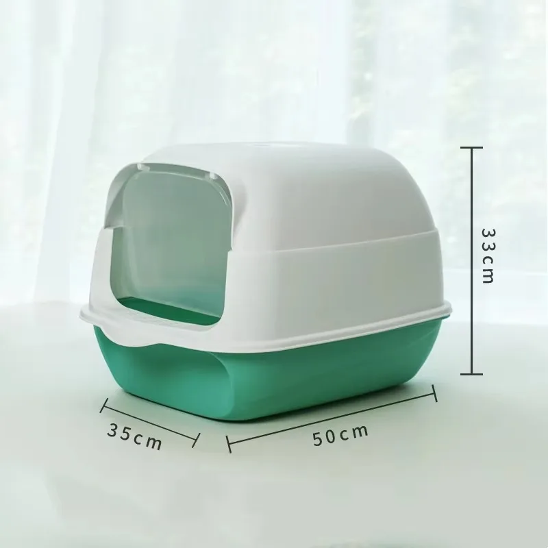 

Large fully enclosed litter box with raised toilet removable to prevent external splash Flip design