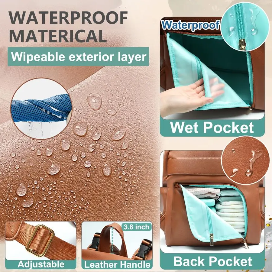 Mochila para fraldas com 6 bolsos isolados, bolsa para fraldas de couro, bolsa grande para bebês para mamãe, registro de bebê, 18 bolsos, troca Pa