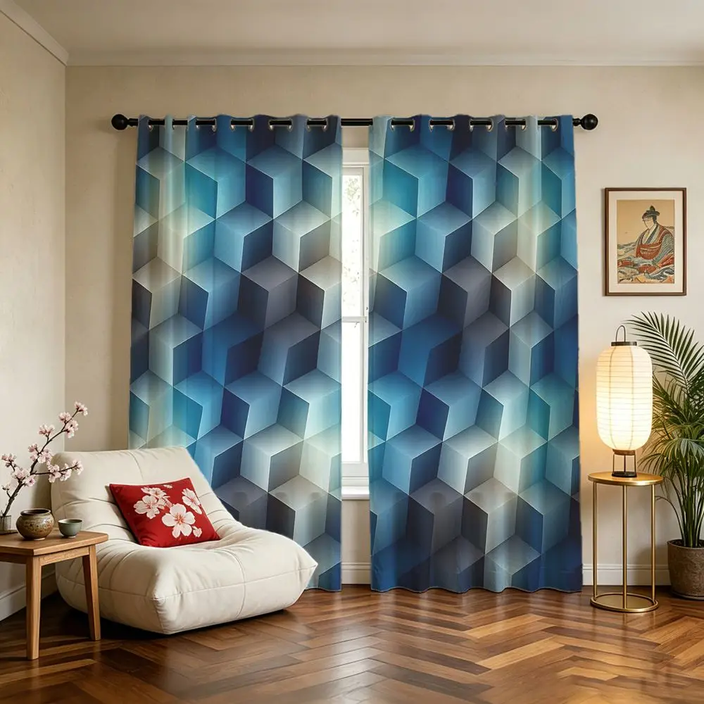 3D Blue Cube Curtains 2 Panels Light Blocking Rate 85% Printed Curtains Darkening Curtains Decoration Curtains Office Decor