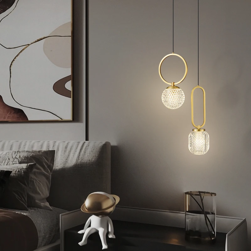 

Nordic bedside chandelier modern simple restaurant bar counter light luxury all copper crystal living room background wall long