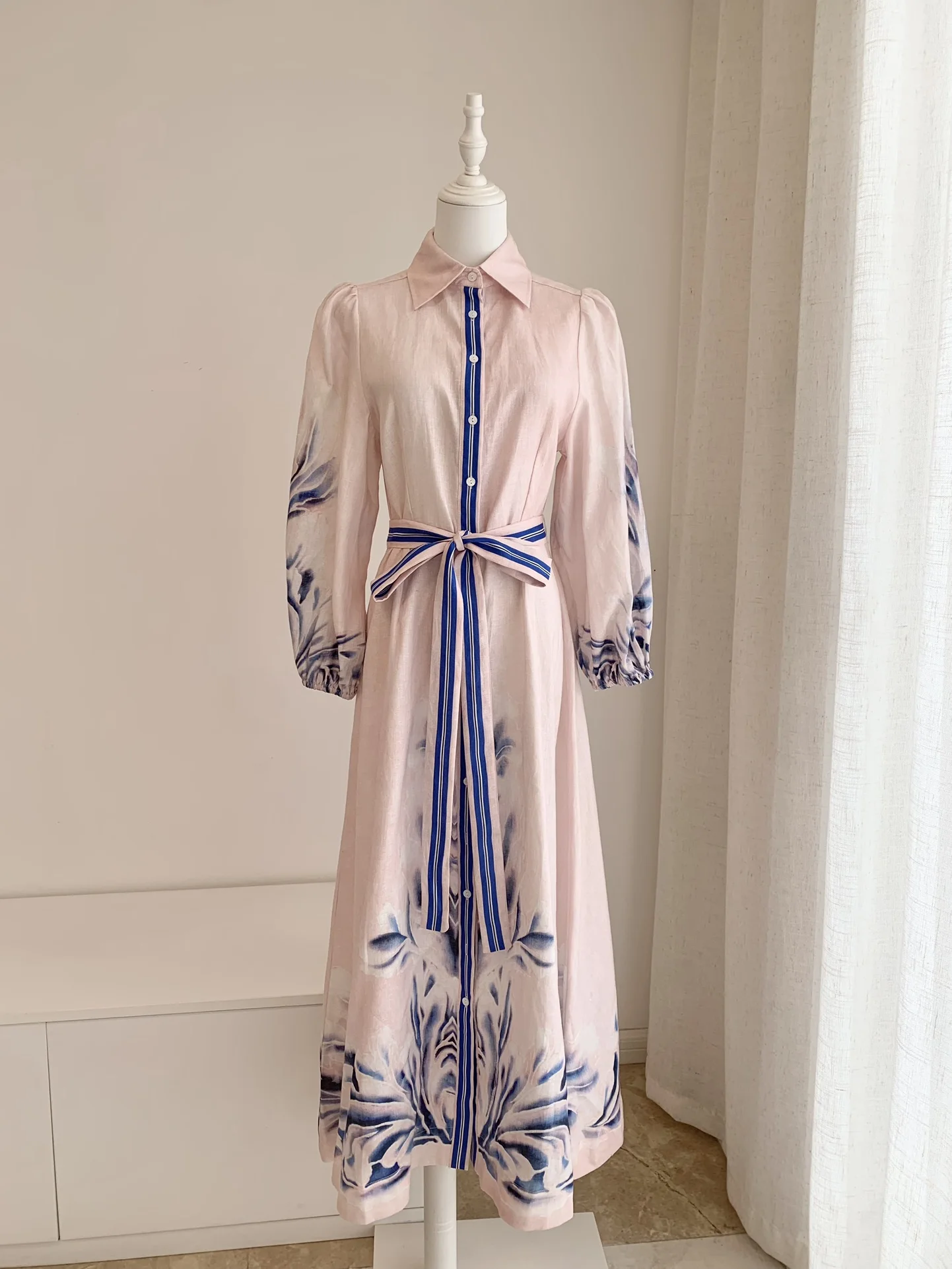 2025 New Women 100% Linen Blue and Pink Magnoli Print Single Breasted Long Shirt Dress