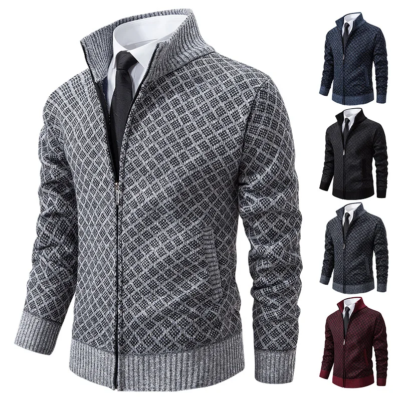 Male Knit Jacket Winter Plush Coat Men Zip Up Sweater Cardigan Grey Wine Red Plaid Knit Outwear Sweaters Jackets