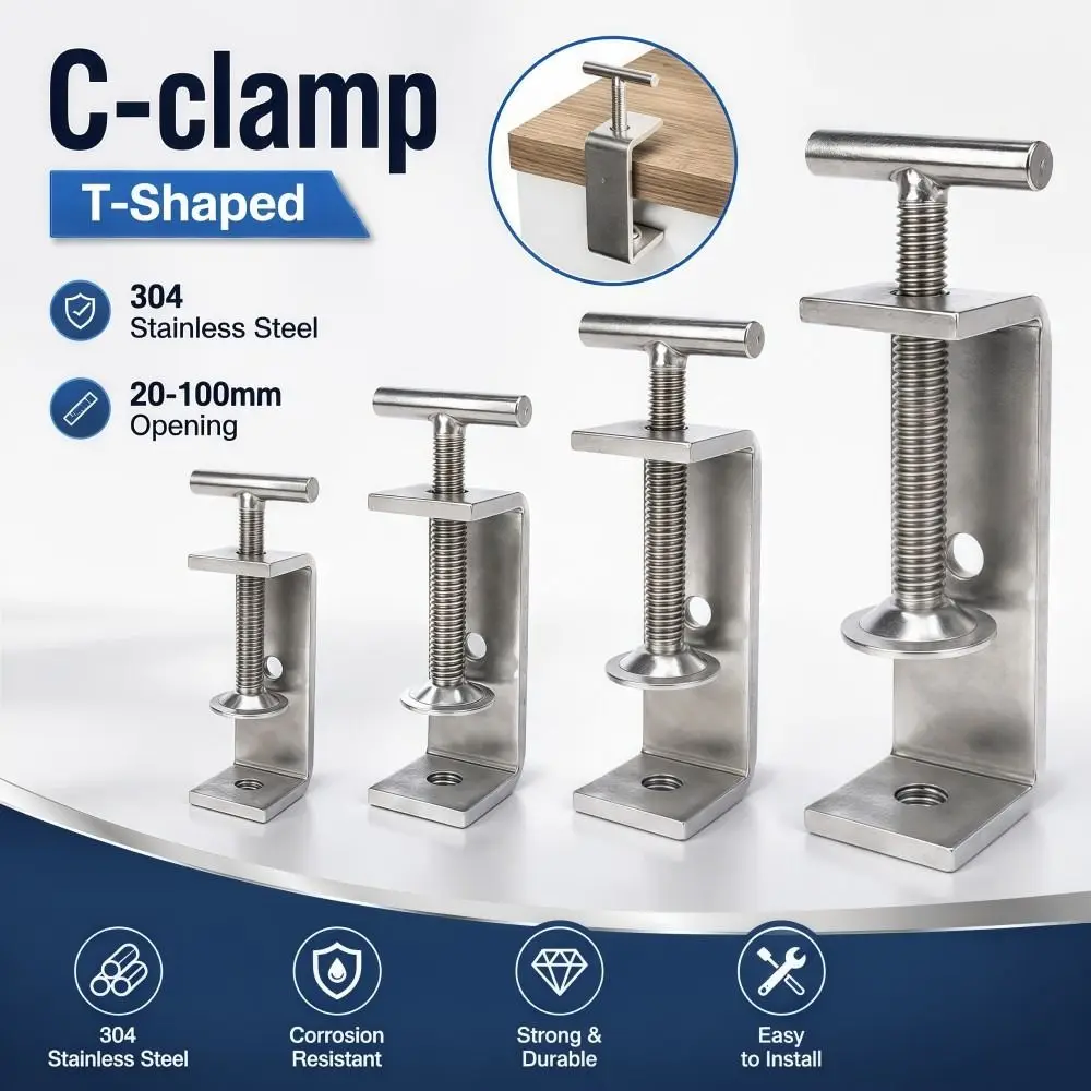 1pc 304 Stainless Steel C-clamp Adjustable T-Shaped Square Clamp 20-100mm Opening Sturdy Fixed Holder Clip Hardware Fasteners