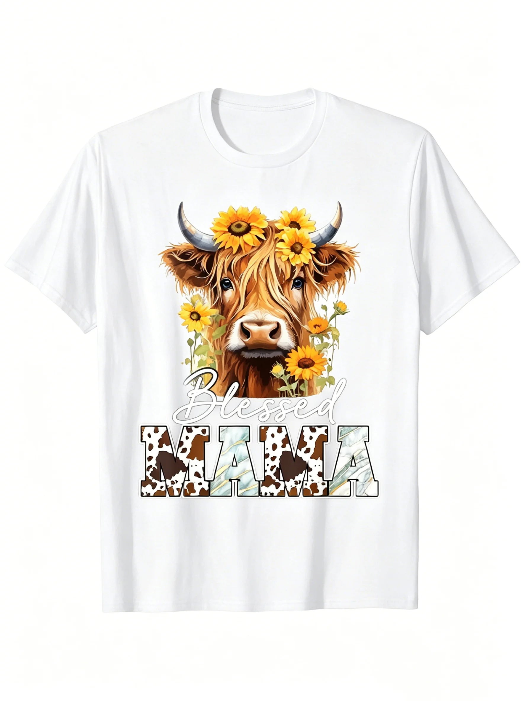 Women Blessed Mama T-Shirt Western Cow Print Sunflower Highland Cow Pattern Soft Lightweight Crew Neck Short Sleeve Plus Size Casual Tee Stretchy Summer Daily Outfit Mother's Day Gift
