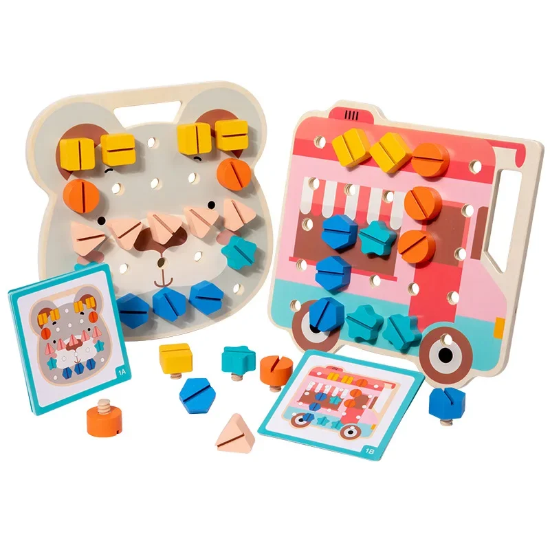 Wooden Nuts Shape Matching Screw Puzzle Toys Montessori Building Bricks Toy Shape Color Recognize Educational Pretend Play Games