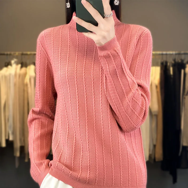 Women's boutique high-end sweater knitted cashmere sweater half high collar pullover long sleeved new cashmere sweater