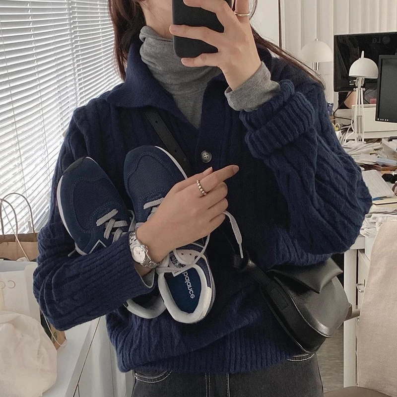 

Retro Chic Long Sve Knitted Sweater Casual Collar Linen Pattern Design Versatile Loose Fit Autumn Winter Women's Faion