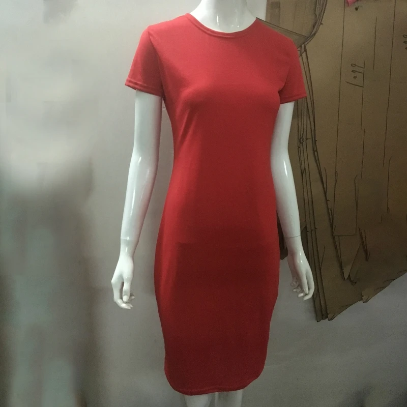 652f feminino verão manga curta plain magro cabido na altura do joelho pacote hip vestido longo