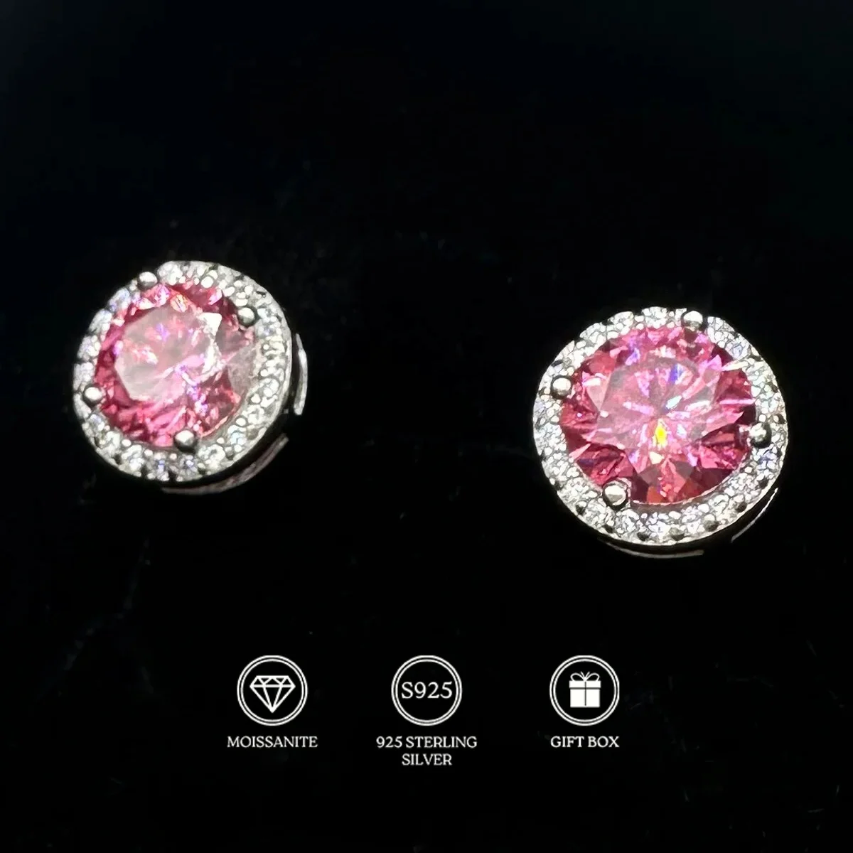 

1pair 1/2/3Carat Elegant Pink Moissanite Stud Earrings in S925, Stylish Flower Design: Perfect Christmas & Anniversary Gifts.