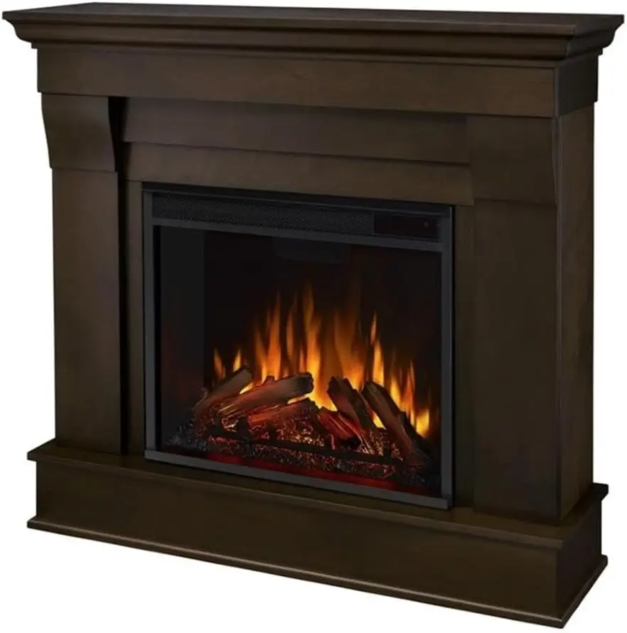 Traditional Solid Wood Indoor Electric Fireplace Mantel Heater with Remote Control, Adjustable Led Flame, 1500W in Dark Walnut