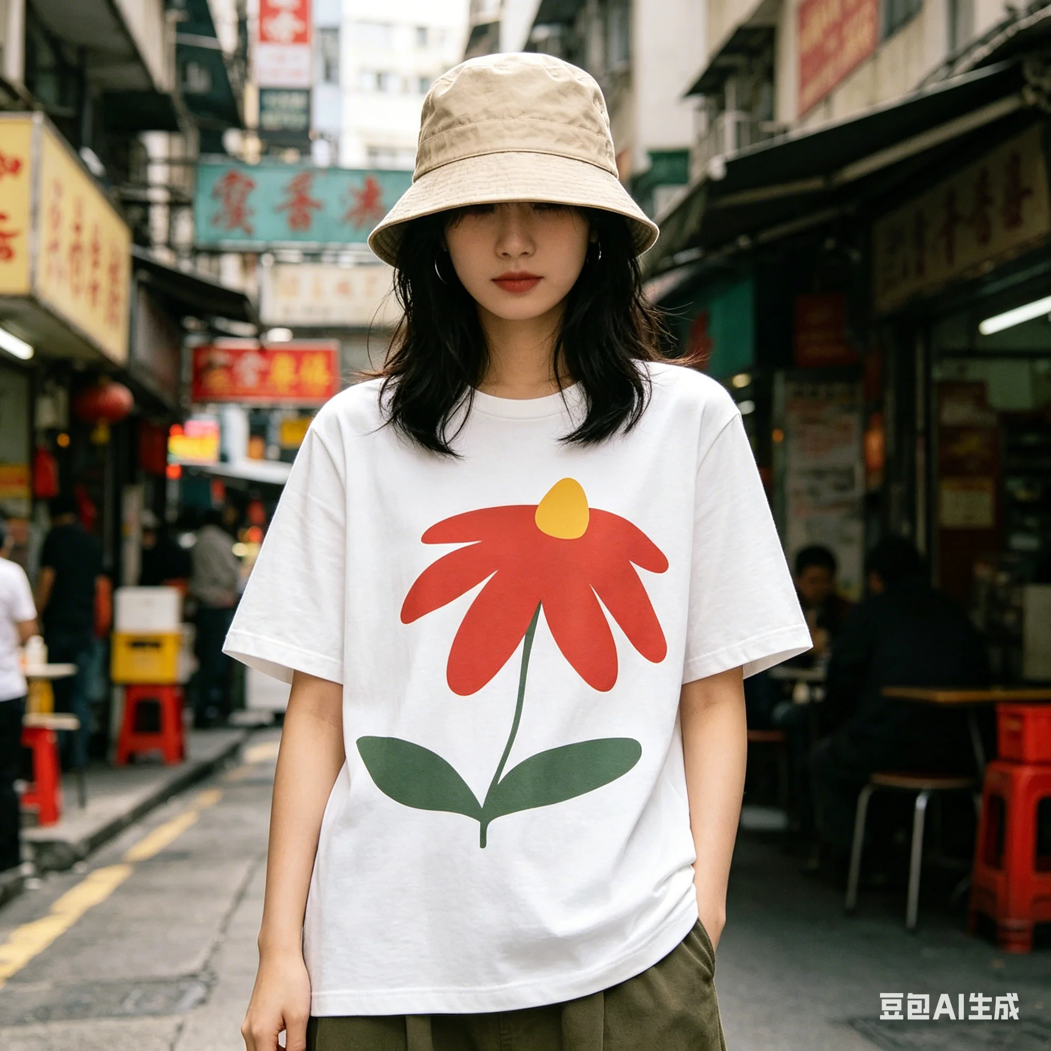 

Cute Minimalist Red Flower T-Shirt, Y2K Casual Streetwear for Girls