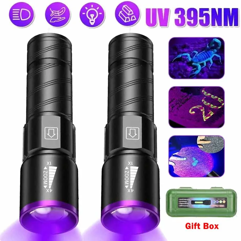 

395 нм светодиодный УФ-фонарик типа C перезаряжаемый зум-фонарик для сушилки чернил флуорессера для денег детектор УФ-отверждения масла фиолетовый свет