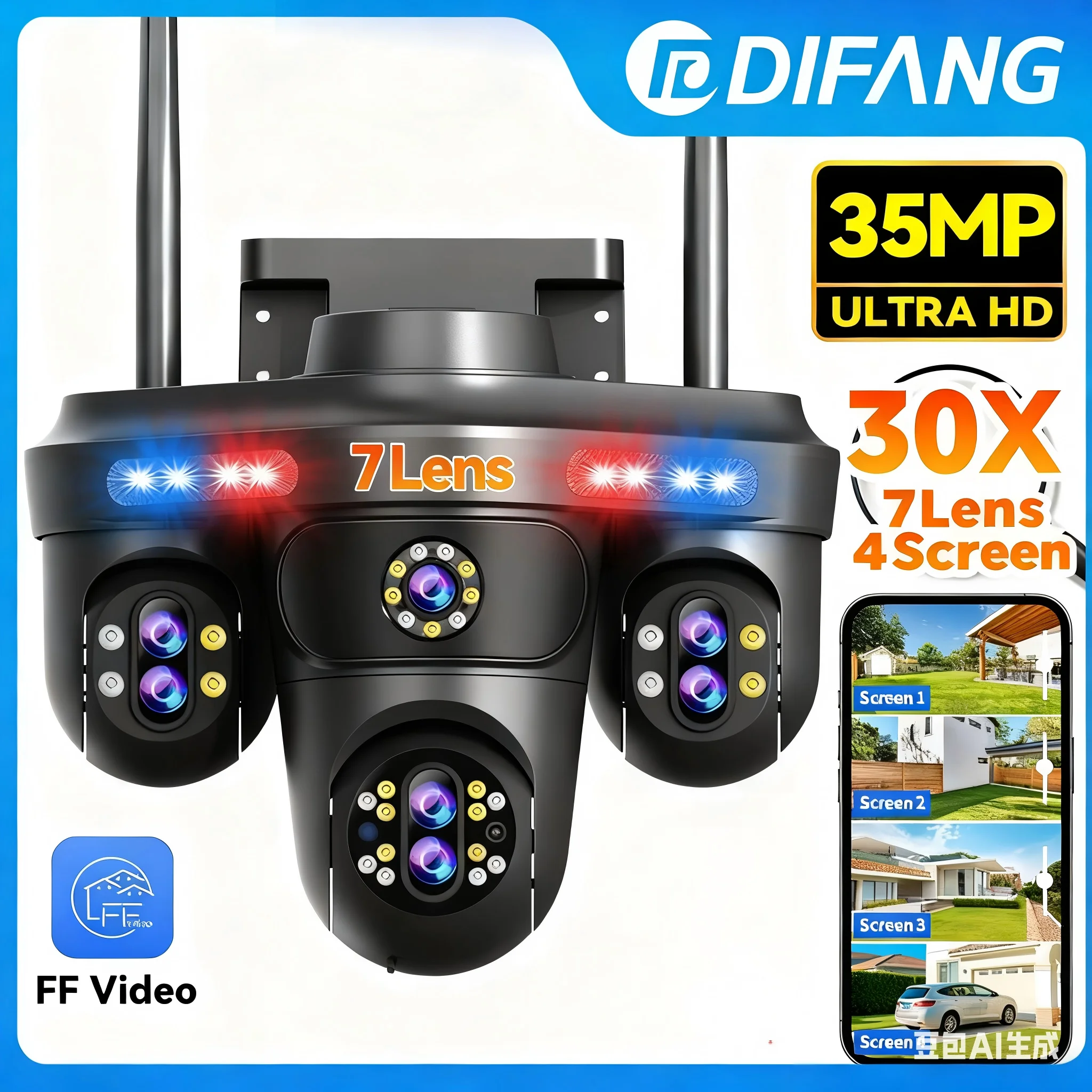 DIFANG 35MP Volle Kleur 4 Schermen WiFi Beveiligingscamera Zeven Lenzen 10X Optische Zoom Thuisbewakingscamera's Automatische Tracking CCTV - afbeelding 2