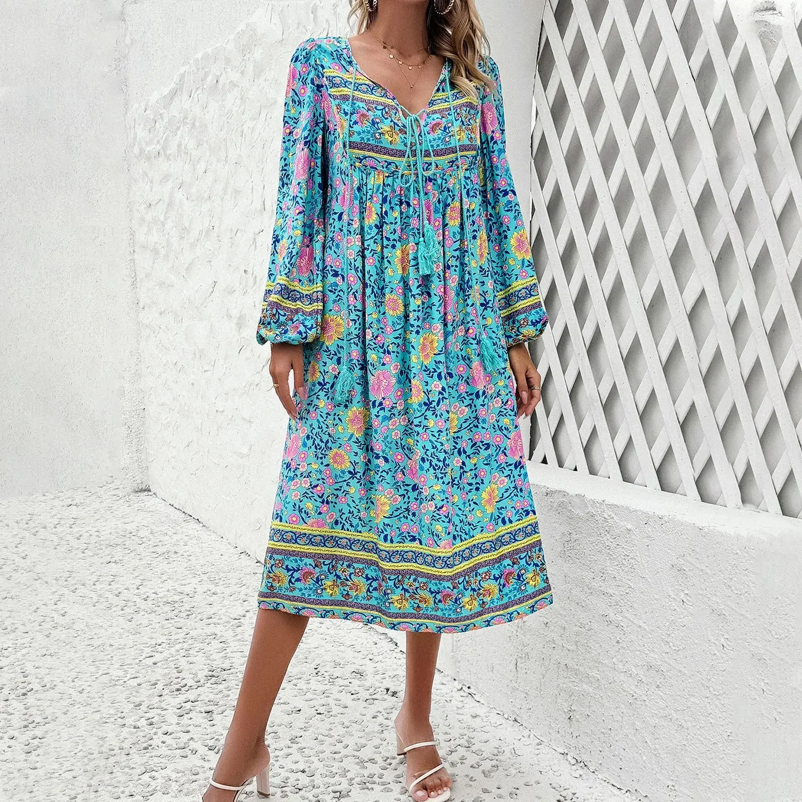 Women Boho Beach Dress Summer New Printed Lace Up Lady's Long Sleeve Dress Loose Holiday Beach Long Dress Vintage Maxi Dresses