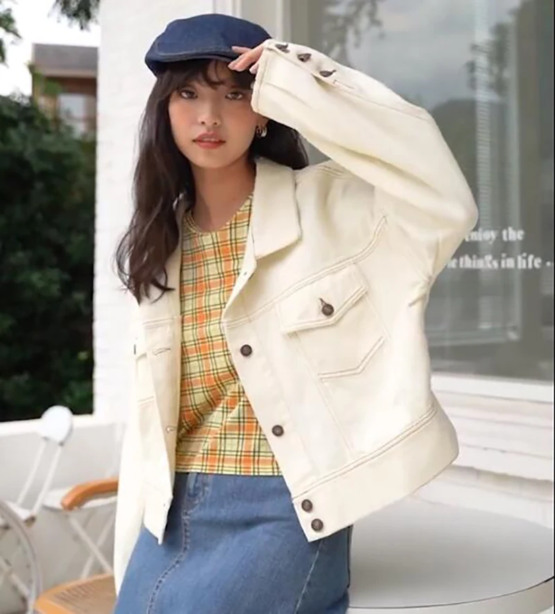 

White Denim Short Coats Women Spring Autumn Turn-down Collar Single Breasted Pocket Short Jacket French Style Vintage Tops