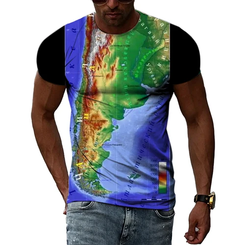 Imagen 2 del producto Camisetas de verano con estampado 3D para hombre, Hip Hop, Harajuku, cuello redondo, manga corta, moda, paisaje Natural, Mapa y bandera de Chile