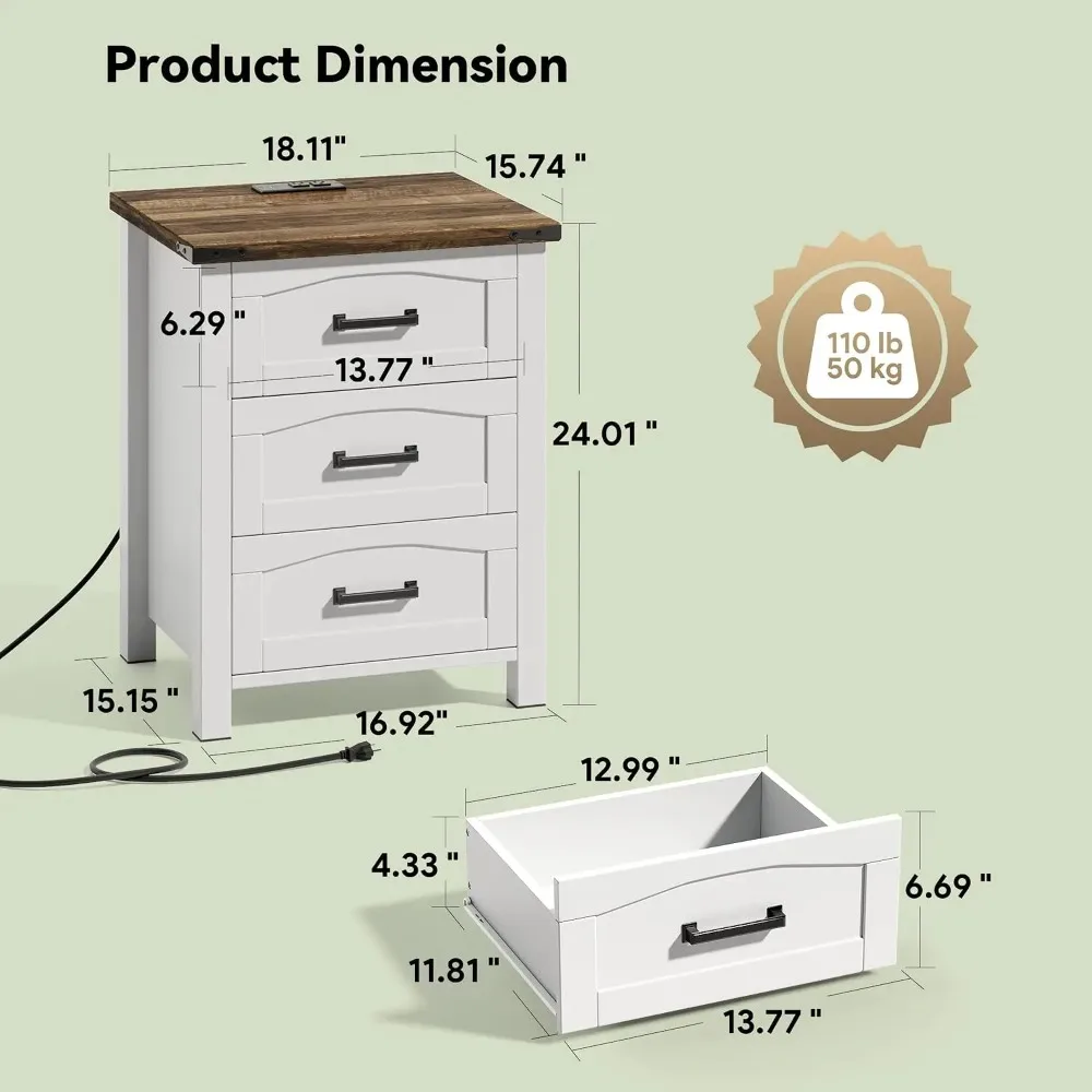Farmhouse Nightstand Set of 2 with Charging Station,  Wood Bedside Table for Bedroom, Customized