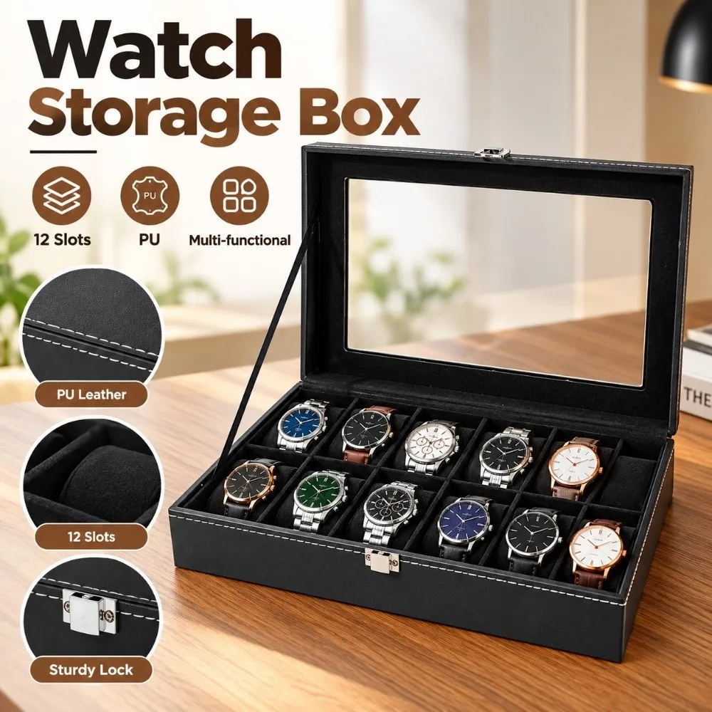 PU Watch Storage Box 12 Slots With Glass Lid Watch Display Case Multi-functional Classical Jewelry Storage Box Watch Lovers