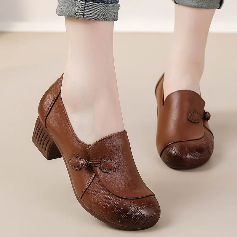 

spring Genuine Leather retro Women Heel Pumps Comfort Slip On Chunky Heels Casual Mom Loafers High quality womans shoes