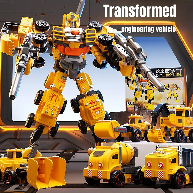 Transform Engineering Car Assembled Toys for Kids Excavator Road Roller Mixer Truck Deformation Robot Children Christmas Gifts