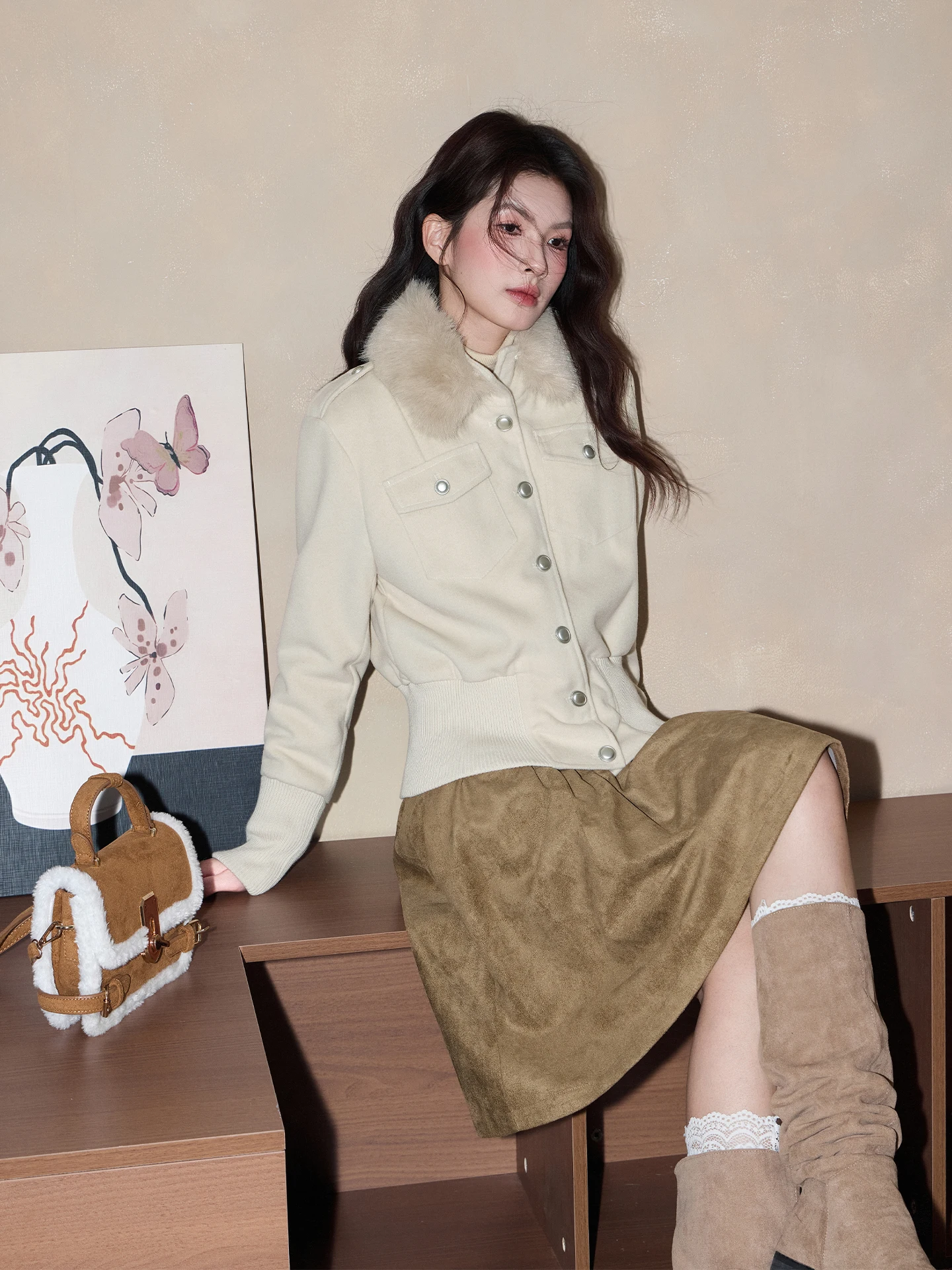 

Original American Retro Woolen Jaet for Women with Fur Collar Waist-Cinching Slimming New Autumn Winter Faion Sweet Sle