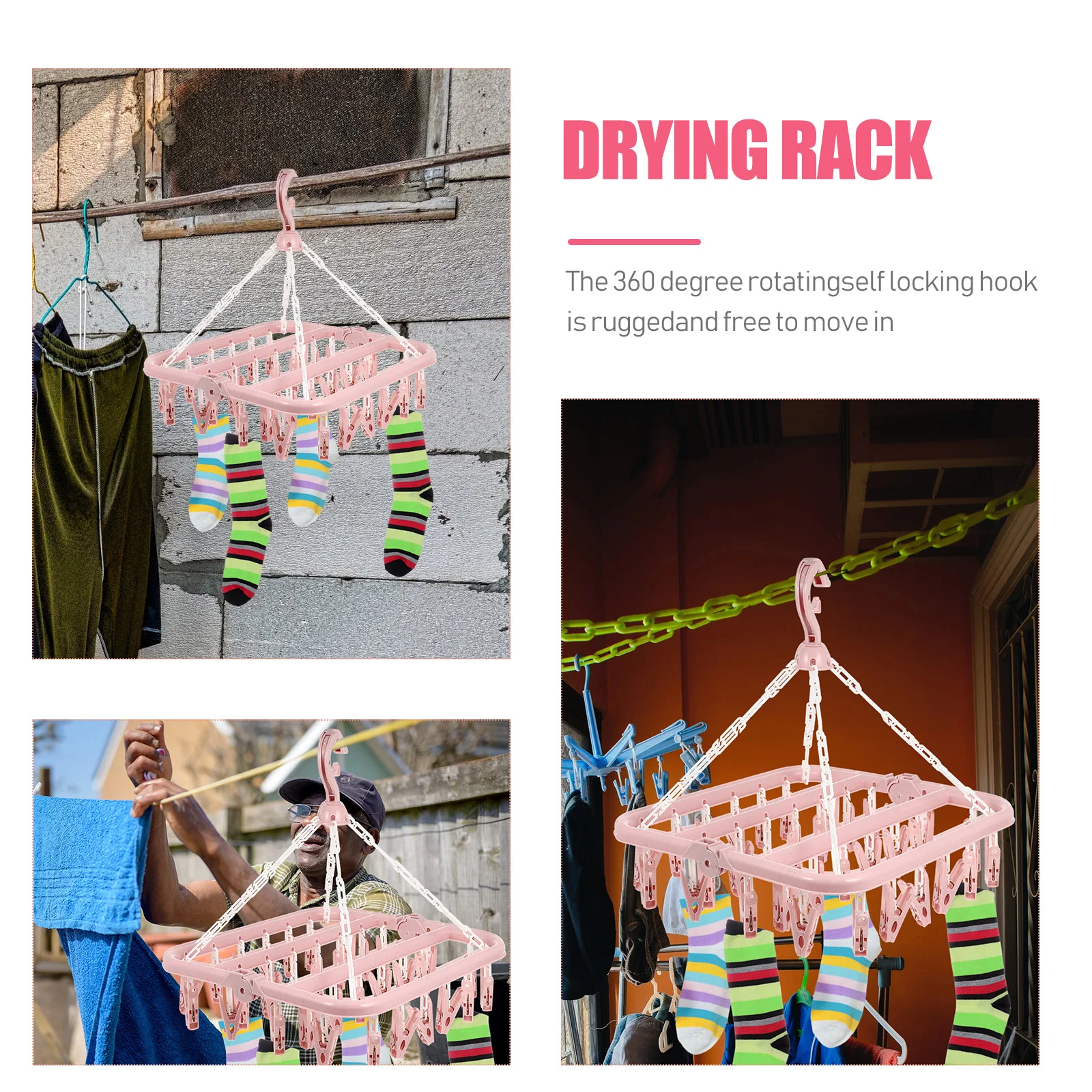 

32 Clips Foldable Drying Rack Uv Protection Steel Spring 360 Degree Hook Underwear Socks Hanger Green