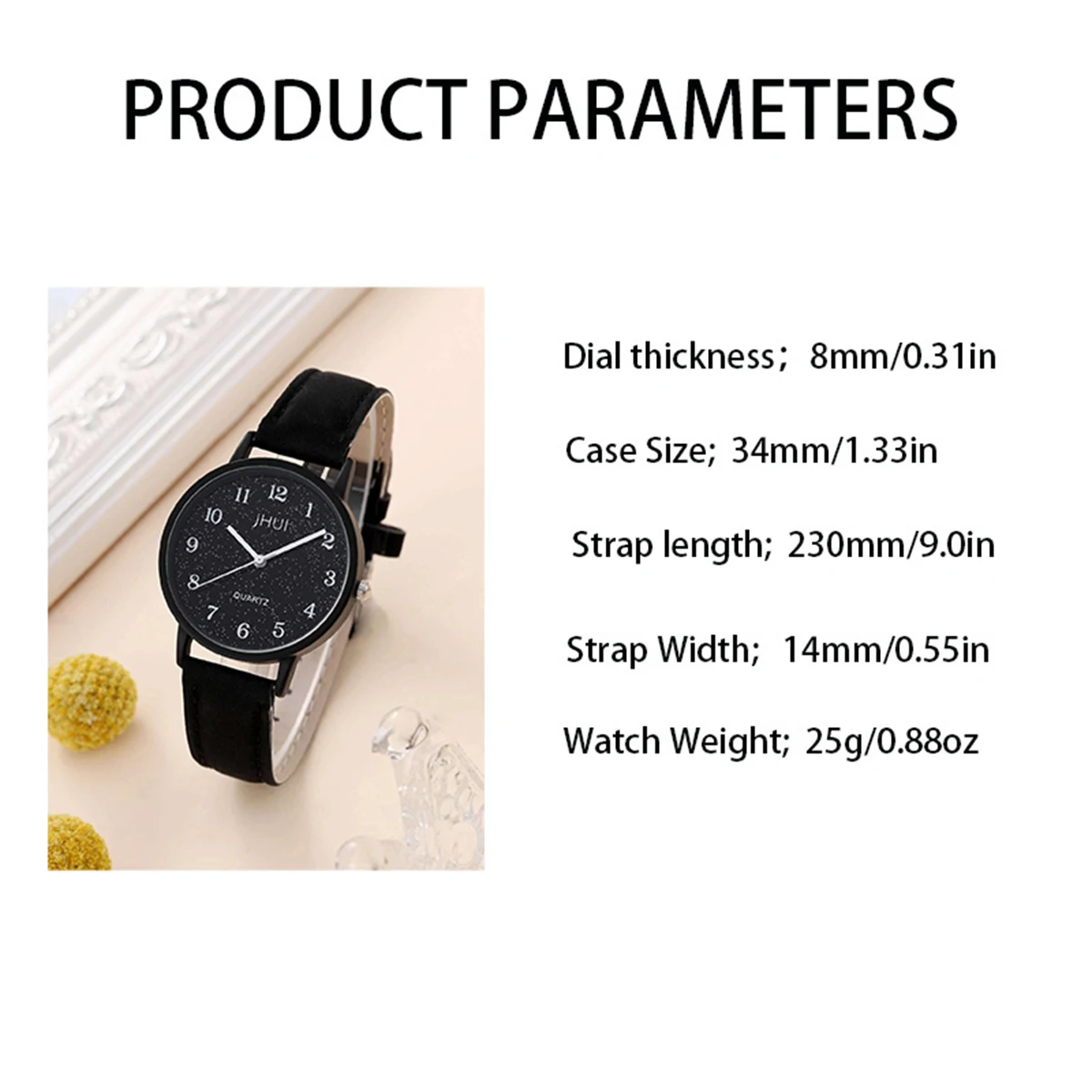 Movement Type: Quartz Watch Suitable For: Women Strap Length :230mm Strap Width :14mm Shell Diameter :34mm Shell Thickness :8mm