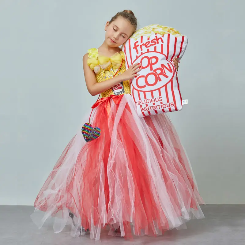 Halloween Popcorn Costume For Teen Girl Lace TUTU Dress Festive Child Up Sling Bow Princess Tunic Kid Party Frock Clothes