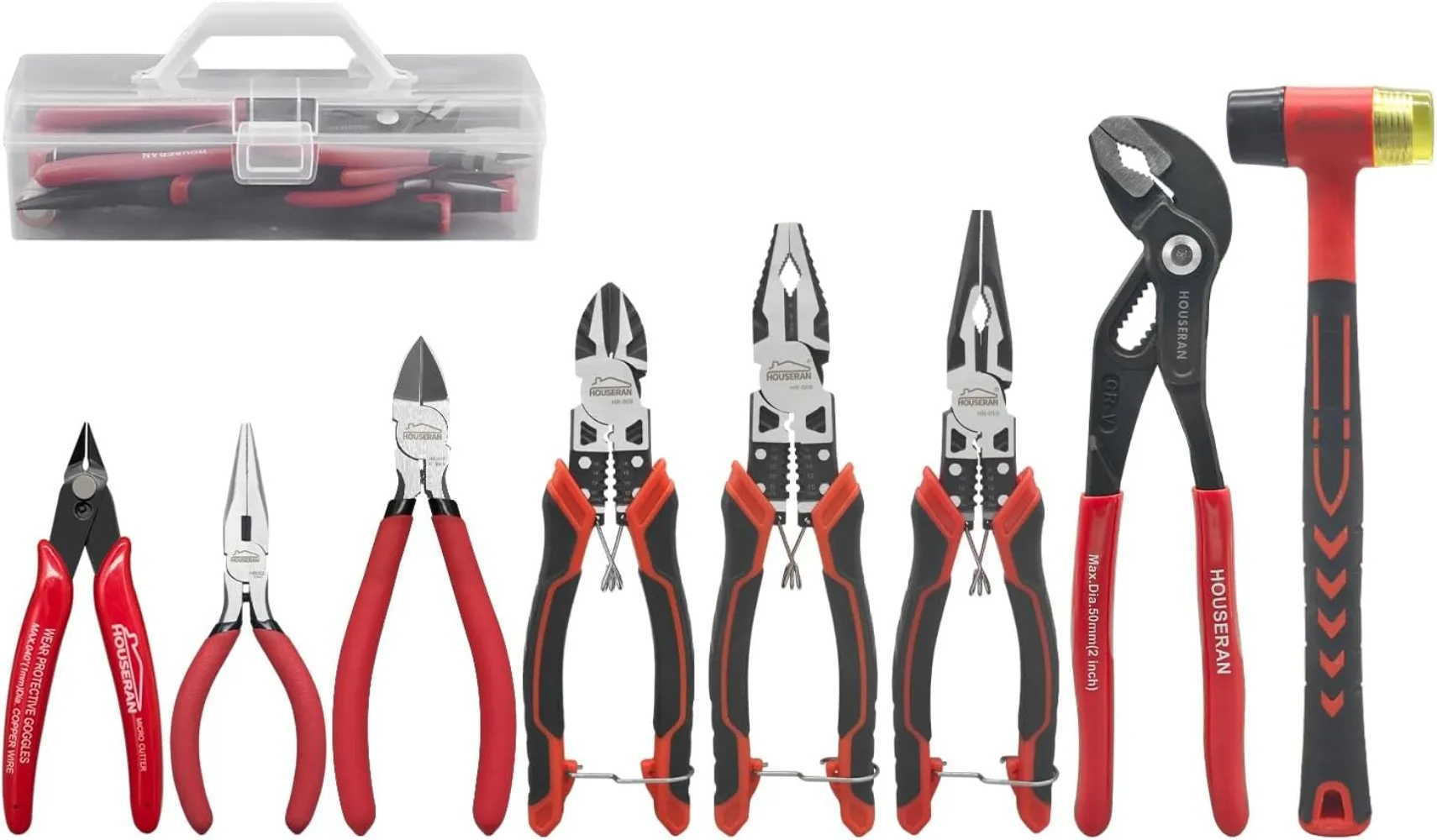 

8-Piece Tool Set with Case Including 10” Groove Joint Pliers, 8.3” Long Nose, 8.3” Linesman, 7.5” Diagonal, 6” Flush Cutter