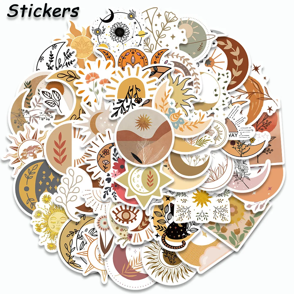 100PCS Sun Moon and Flowers Stickers Retro Style Graffiti Decals For Laptop Cup Skateboard Suitcase Guitar Waterproof Stickers