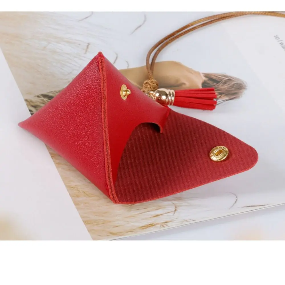 New Triangular Leather Coin Purse Portable Solid Color Storage Bag Coin Change Snap Button Wallet