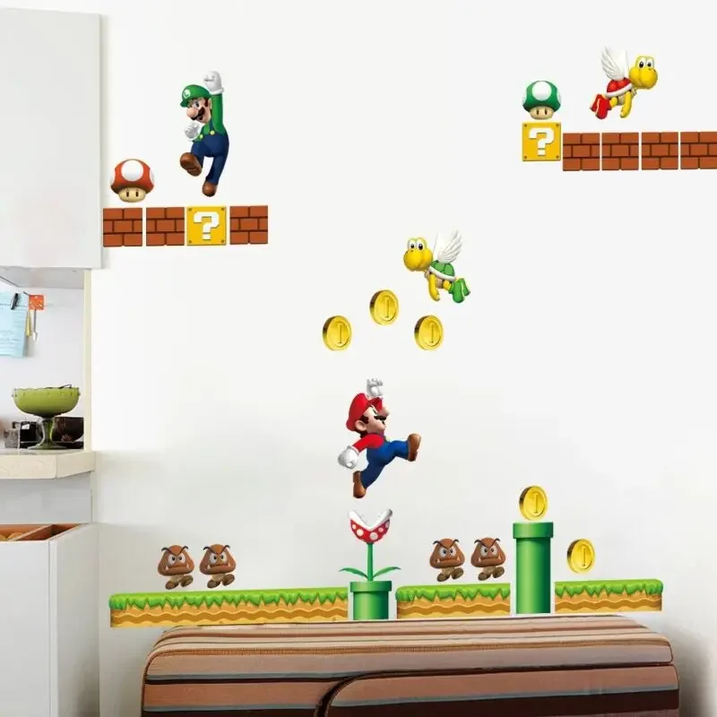 Super Mario wzór Mario Bros Yoshi grzyb ścienny zabawka na kijku zdejmowana naklejka Cartoon duża dekoracja wnętrz Art przedszkole Kid Mural