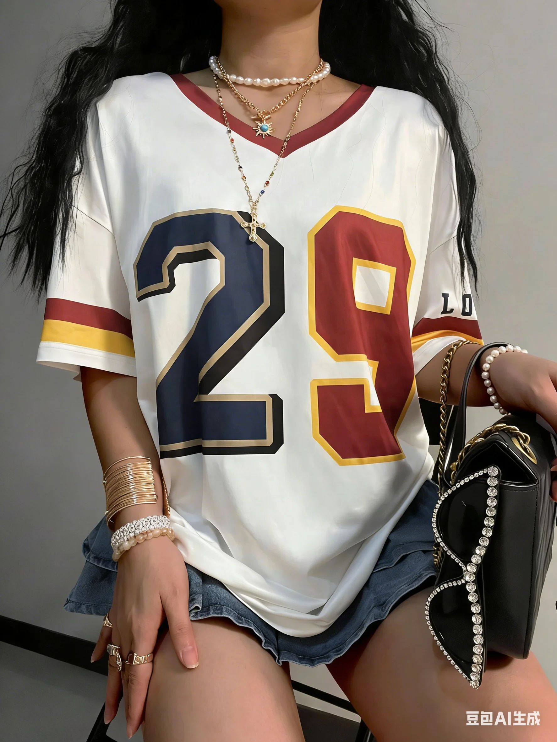 Damen Los Angeles Nummer 29 Print V-Ausschnitt Kurzarm T-Shirt Sommer Grafik T-Shirt Baseball Trikots Streifen Übergroßes Sport T-Shirt