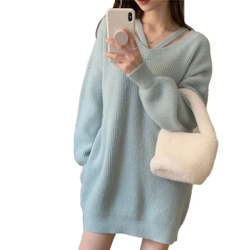 سترة نمط كسول لخريف وشتاء المرأة فستان خارجي فضفاض النمط الغربي متوسطة طويلة محبوك سترة بأكمام طويلة