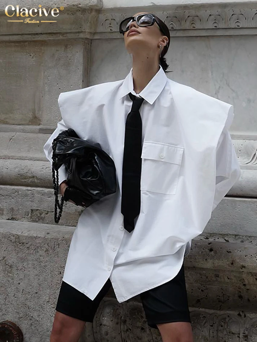 Clacive Fashion White Woman Blouse 2023 Elegant Lapel Long Sleeve Shirt Blusa Streetwear Chic Pocket Blusa Top Female Clothing