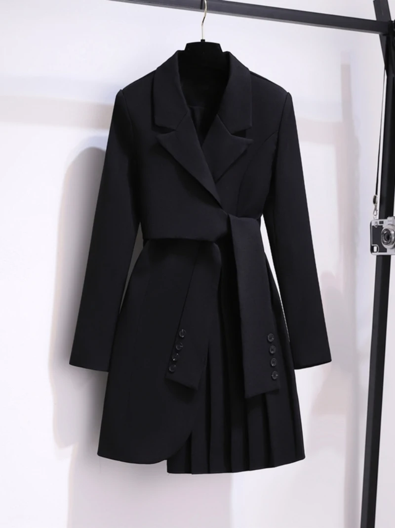 Blazer long noir imbibé pour femmes, veste jupe, manteau slim, taille ceinture, nouvelle mode, vêtements de printemps