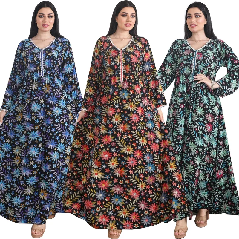 

New Vintage V-neck Diamond Abaya Women Evening Dress Fashion Printed Long Sleeves Southeast Asian Robe bayan tesetür elbise