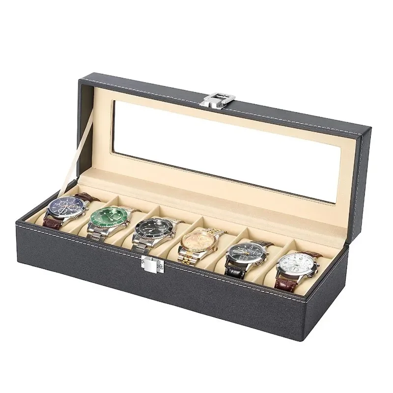 6-Seater Faux Leather Watch Box with Glass Cover - Elegant Black Rectangular Display Case Watches & Jewelry, Soft Suede Lining