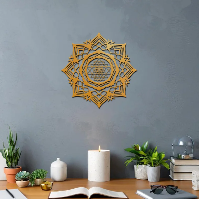 Sacred Geometry Metal Wall Art 15.75in Sri Yantra Gold Black Spiritual Meditation Home Decor Yoga Gift