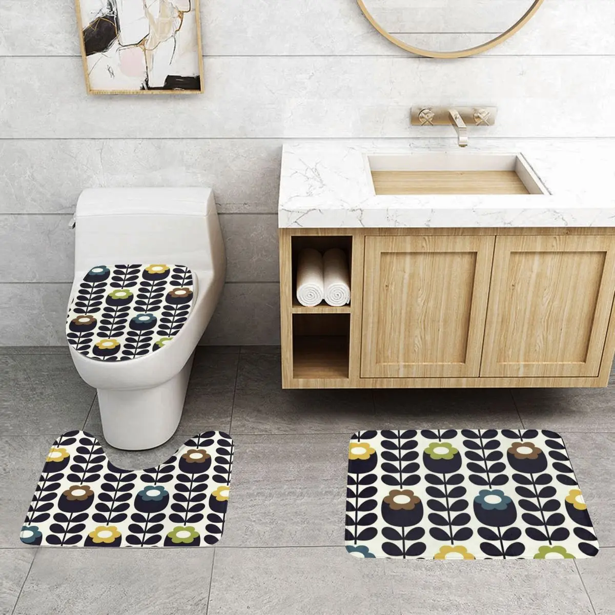 Custom Orla Kiely Floral Fabric Bathroom Rugs Sets Non Slip Absorbent Scandinavian 3 Pieces Bath Toilet Rugs Mats