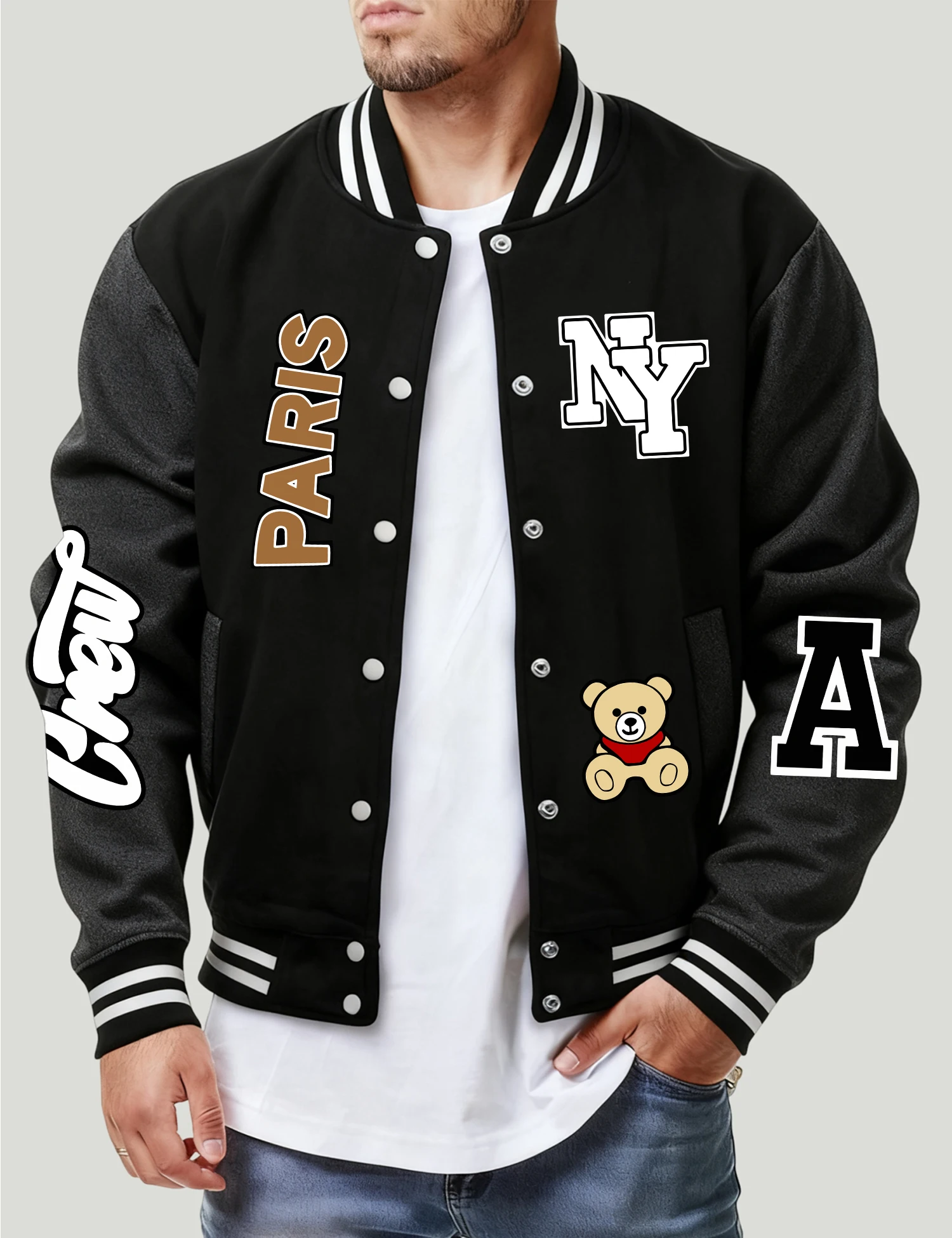 

New York Paris Are Both Dream Cities Print Man Jacket Loose Hip Hop Baseball Jersey Fleece Button Coats Autumn Casual Clothes